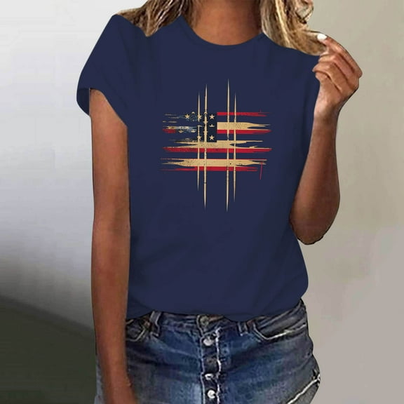 Fartey American Flag T-Shirts for Women Patriotic Short Sleeve Tops USA Flag Graphic Tees 4th of July Crew Neck Tshirt Soft Comfy Holiday Blouses Navy L