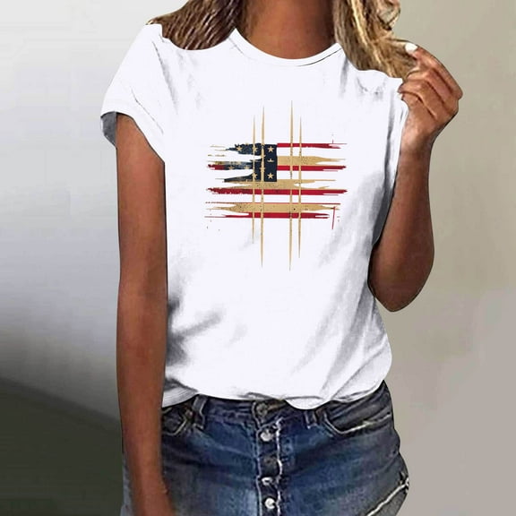 Fartey American Flag T-Shirts for Women Patriotic Short Sleeve Tops USA Flag Graphic Tees 4th of July Crew Neck Tshirt Soft Comfy Holiday Blouses White XL