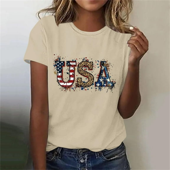 Fartey American Flag T-Shirts for Women USA Print Patriotic Shirt 4th of July Independence Day Tees Loose Casual Summer Short Sleeve Crew Neck Tops Beige M