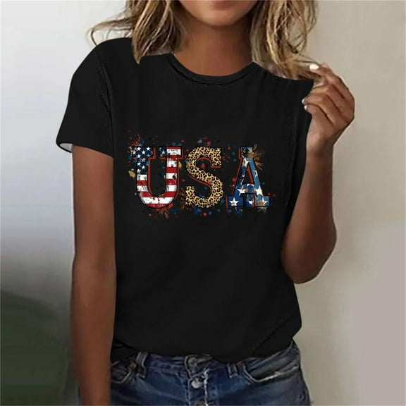 Fartey American Flag T-Shirts for Women USA Print Patriotic Shirt 4th of July Independence Day Tees Loose Casual Summer Short Sleeve Crew Neck Tops Black M