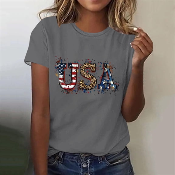 Fartey American Flag T-Shirts for Women USA Print Patriotic Shirt 4th of July Independence Day Tees Loose Casual Summer Short Sleeve Crew Neck Tops Gray M