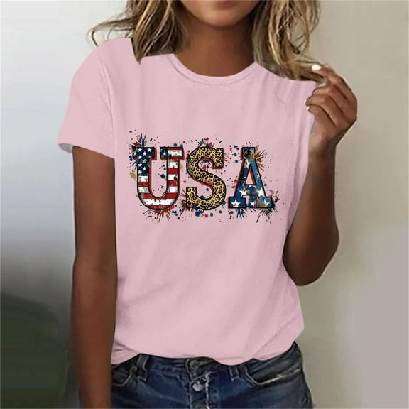 Fartey American Flag T-Shirts for Women USA Print Patriotic Shirt 4th of July Independence Day Tees Loose Casual Summer Short Sleeve Crew Neck Tops Pink XXXL