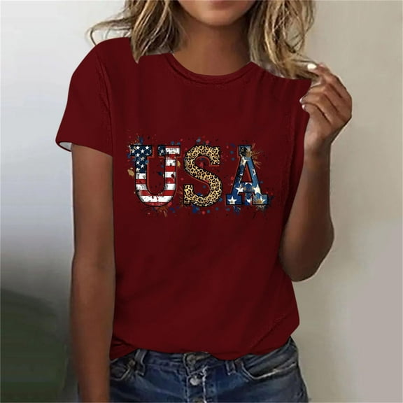 Fartey American Flag T-Shirts for Women USA Print Patriotic Shirt 4th of July Independence Day Tees Loose Casual Summer Short Sleeve Crew Neck Tops Wine L