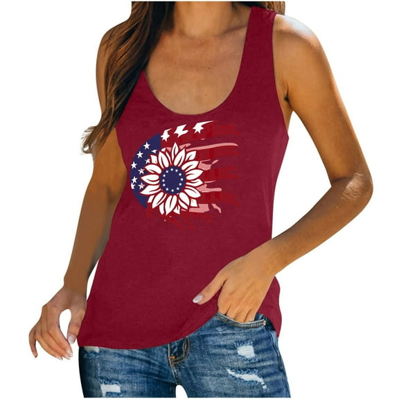 Fartey American Flag Tank Tops Women 4th of July Patriotic Shirt USA Sunflower Graphic Tshirts Independence Day Sleeveless Scoop Neck Camis Top Red M
