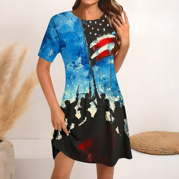 Fartey American Flag Tunic Dresses for Women Summer Short Sleeve Mini Sundress Retro USA Flag Print Dress 4th of July Patriotic Dresses Memorial Day Dress Multicolor M