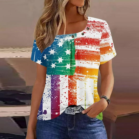 Fartey American Flag Tunic Tops for Women 4th of July Button Scoop Neck T Shirts Independence Day Short Sleeve Shirt USA Flag Graphic Tees Blue XXL