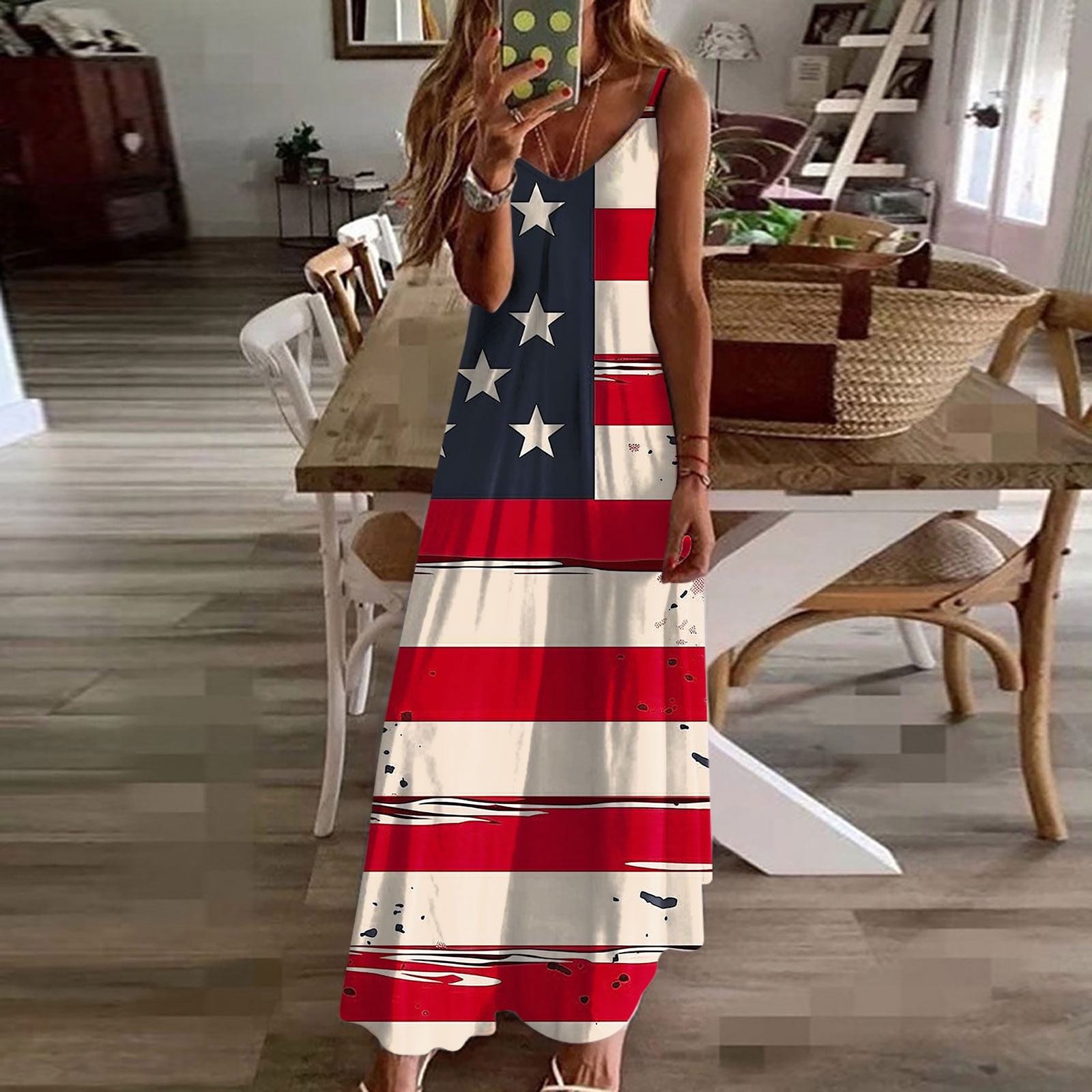 chinese dress ladies Retro USA Flag Floral Art Print V-Neck Sleeveless Maxi Dress – alicevintage
