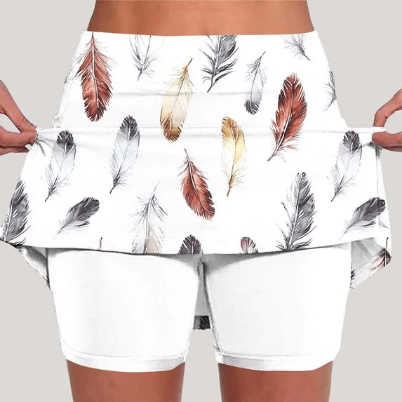 Fartey Athletic Skorts for Women Plus Size High Waist Tummy Control Stretchy Skirts Inner Shorts Fashion Floral Print Skirts Summer Workout Yoga Skort White 2XL