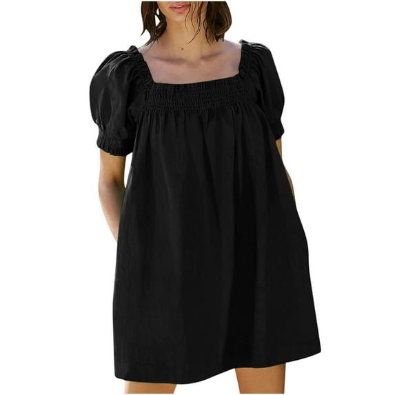 Fartey Babydoll Dress for Women 2025 Cute Puff Short Sleeve Dress Loose Casual Solid Color Square Neck Dress Summer Mini Dresses Black M