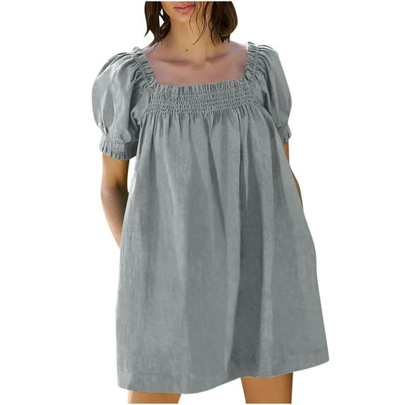 Fartey Babydoll Dress for Women 2025 Cute Puff Short Sleeve Dress Loose Casual Solid Color Square Neck Dress Summer Mini Dresses on Clearance Gray XL