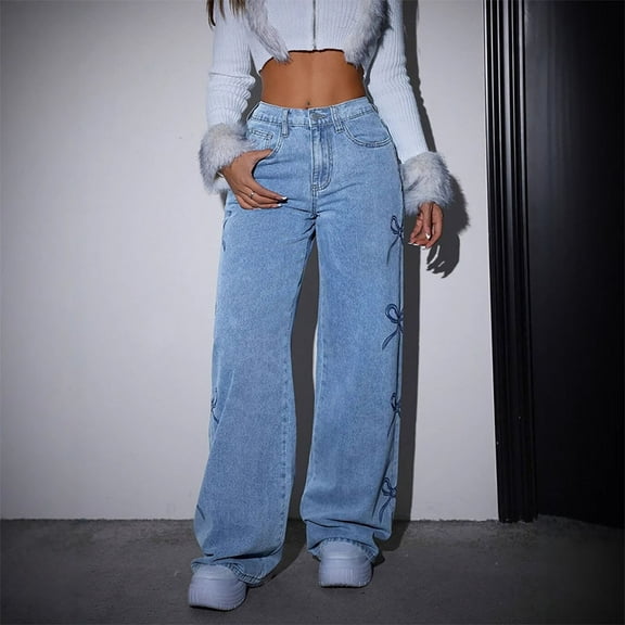 Fartey Baggy Jeans for Women Trendy Cute Bow Print Jeans Casual High Waist Wide Leg Loose Pants Fashion Y2K Denim Pants with Pockets Light Blue L