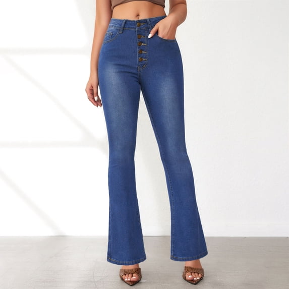 Fartey Bell Bottom Jeans for Women Trendy Button High Waisted Flare Jeans Loose Fit Boot Cut Wide Leg Denim Pants with Pockets Light Blue S