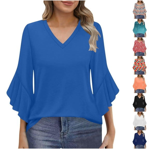 Fartey Blouses for Women Trendy Elegant Ruffle 3/4 Length Sleeve Tops Business Casual Solid Color V Neck Shirts Loose Fit Summer Work Shirt White M