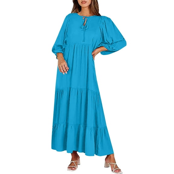 Fartey Boho Dresses for Women 2025 Puff Long Sleeve Maxi Dress Summer V Neck Swing Dress with Tie Loose Flowy Tiered Beach Sundress Blue S-2XL