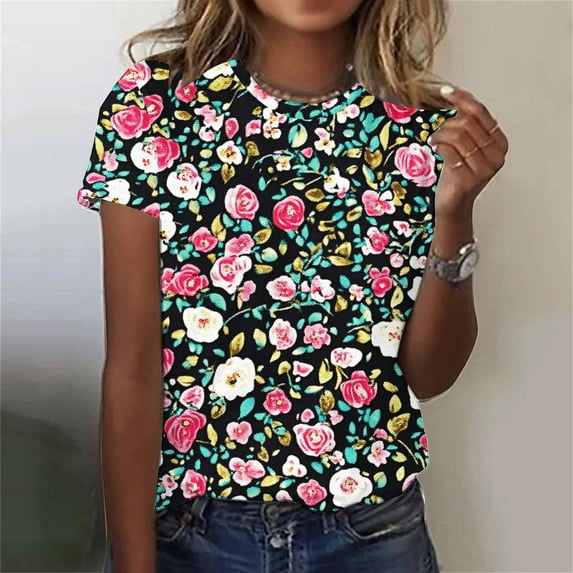 Fartey Boho Tops for Women Plus Size Summer Short Sleeve Shirts Slin Fit Crew Neck Tunic Shirt Retro Floral Print Tees Loose Casual Beach Vacation Tshirts Multicolor L