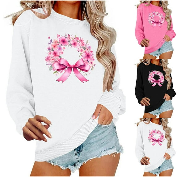 Fartey Breast Cancer Awareness Sweatshirt Women Pink Ribbon Graphic Pullover Tops Soft Lightweight Long Sleeve Crew Neck Sweatshirts White M