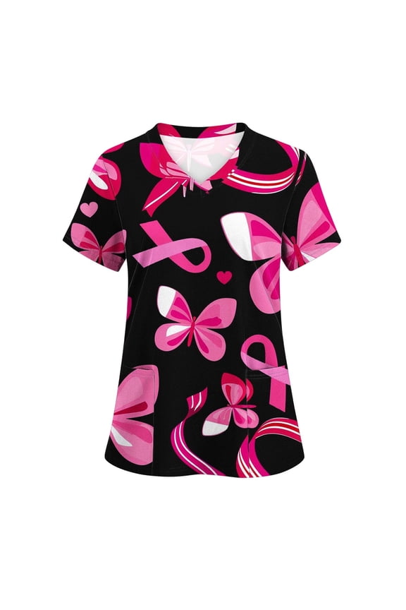 Breast Cancer Awareness Tshirts for Women Scrubs Tops Slim Fit Short Sleeve V Neck Shirts Funny Pink Ribbon Graphic Tees with Pockets Multicolor M
