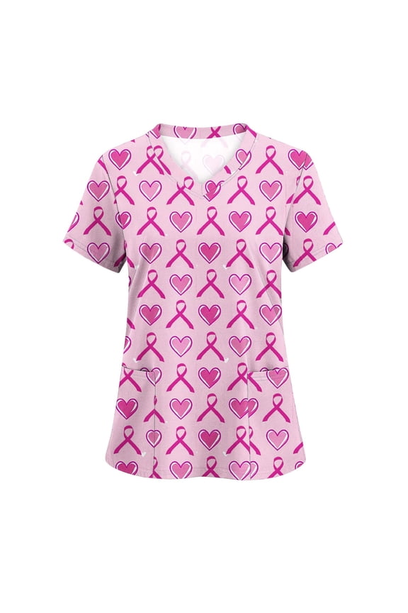 Breast Cancer Scrub Tops for Women Slim Fit V Neck Short Sleeve Tops Cute Pink Ribbon Graphic Tees Cancer Survivor Tshirts with Pockets Multicolor L