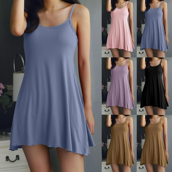 Fartey Built in Bra Nightgown for Women Adjustable Spaghetti Strap Sleepwear Soft Comfy Sleeveless Loungewear Fashion Solid Color Mini Nightdress Pink M