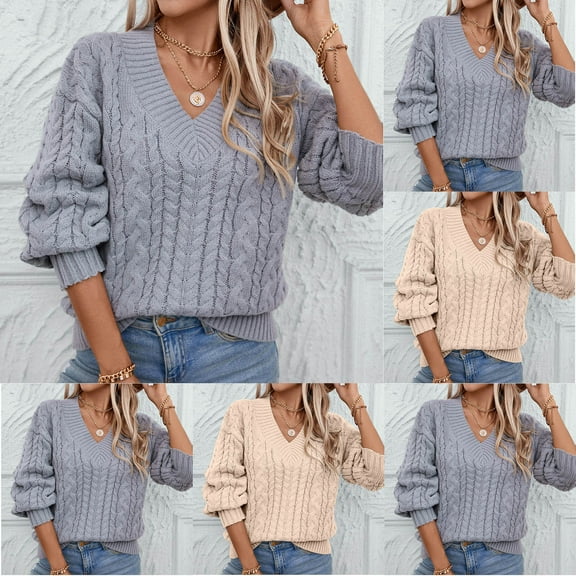 Fartey Cable Knit V Neck Sweaters for Women Cozy Fall Winter Long Sleeve Pullover Tops Loose Casual Ribbed Knitted Jumpers Khaki M