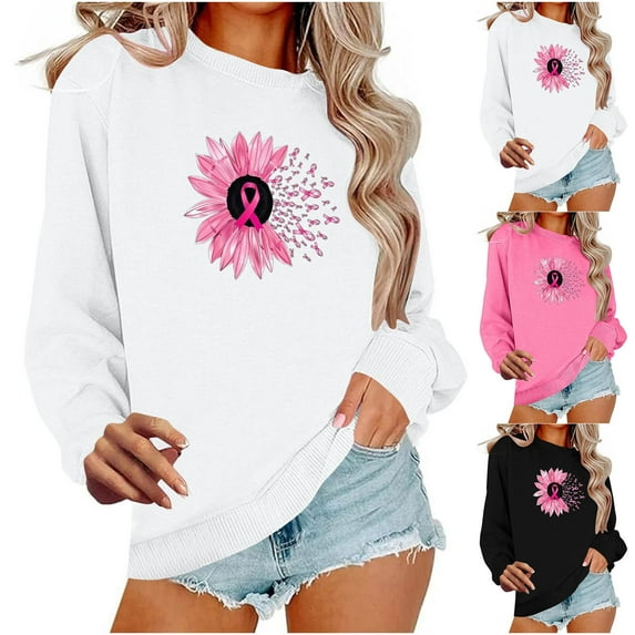 Fartey Cancer Survivor Sweatshirts for Women Funny Pink Ribbon Sunflower Graphic Sweatshirt Breast Cancer Long Sleeve Crewneck Pullvoer Tops Black 3XL