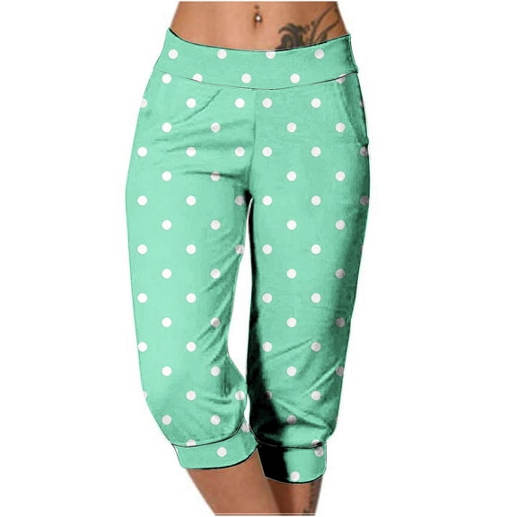 Fartey Capri Legggings for Women Elastic Waist Summer Polka Dot Joggers Pants with Pockets Skinny Comfy Stretchy Beach Holiday Cropped Trousers
