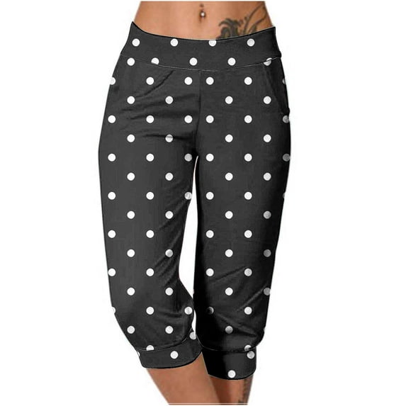Fartey Capri Legggings for Women Elastic Waist Summer Polka Dot Joggers Pants with Pockets Skinny Comfy Stretchy Beach Holiday Cropped Trousers
