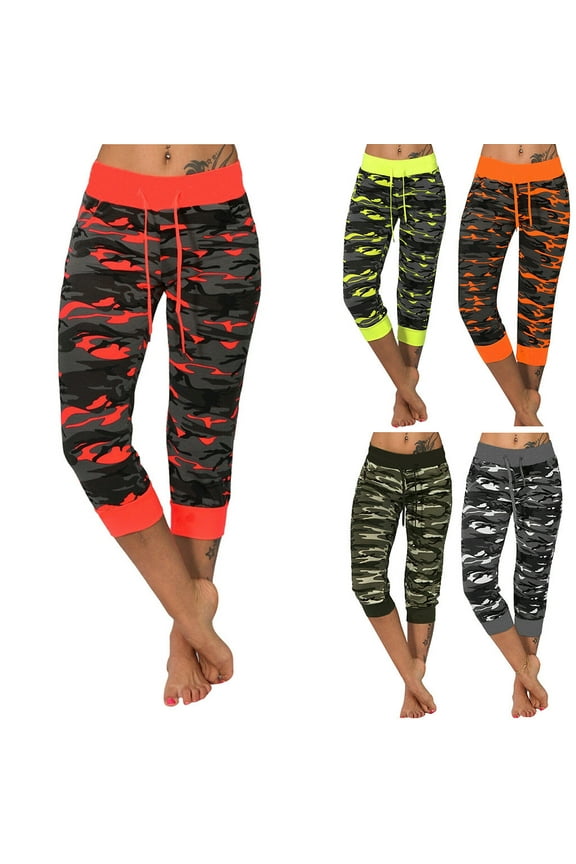 Capri Leggings for Women Camouflage Print Drawstring Elastic Waist Capris Casual Loose Comfy Workout Running Yoga Pants Green XL