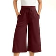 thumbnail image 1 of Fartey Capri Pants for Women Casual Flowy Solid Color Palazzo Pants Drawstring Cropped Culottes Casual Loose Elastic High Waisted Yoga Pants with Pockets,Wine,XL, 1 of 7