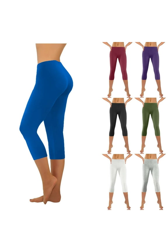 Capri Yoga Leggings for Women Tummy Control Stretch Legging Elastic Waist Knee Length Capris Skinny Workout Running Pants Purple L