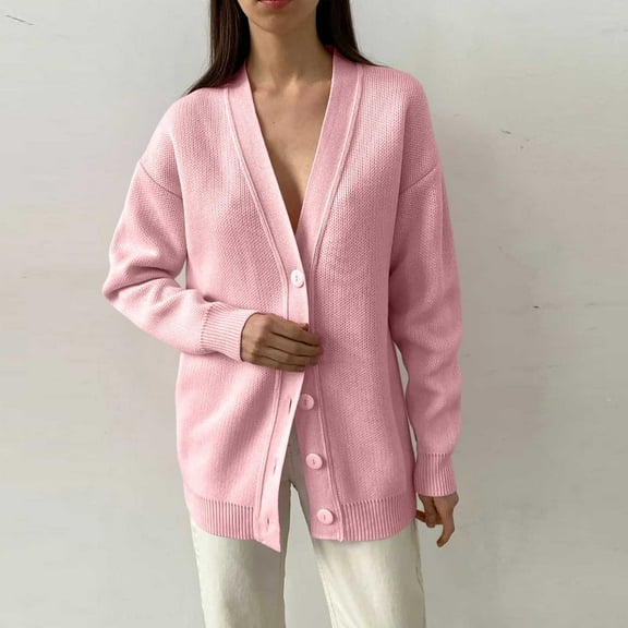 Fartey Cardigan Sweater for Women Dressy Casual Button Down Open Front Loose Casual V Neck Crochet Knit Cropped Shrugs Sweaters Pink Free Size