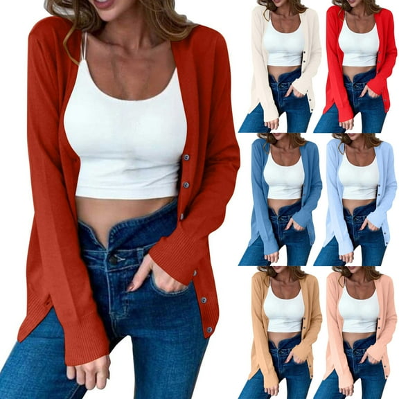 Fartey Cardigan Sweaters for Women Elegant Button Up V Neck Knit Sweater Soft Lightweight Long Sleeve Open Front Sweaters Beige M