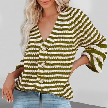 Fartey Cardigan Sweaters for Women Oversized Color Block Long Sleeve V Neck Sweater Fashion Fall Winter Kint Striped Open Front Button Outerwear