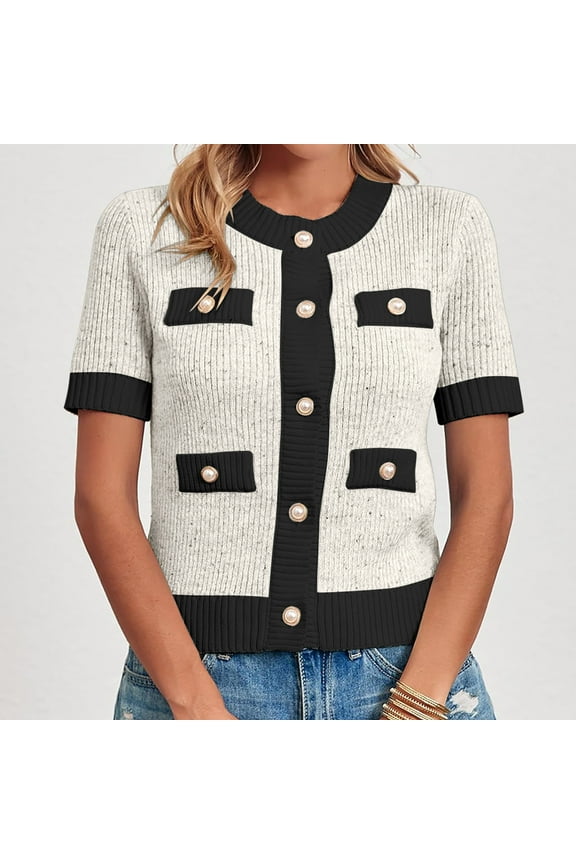 Cardigans Sweaters for Women Dressy Casual Short Sleeve Button Down Cardigans Cropped Lightweight Crew Neck Elegant Sweaters