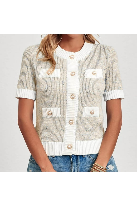 Cardigans Sweaters for Women Dressy Casual Short Sleeve Button Down Cardigans Cropped Lightweight Crew Neck Elegant Sweaters