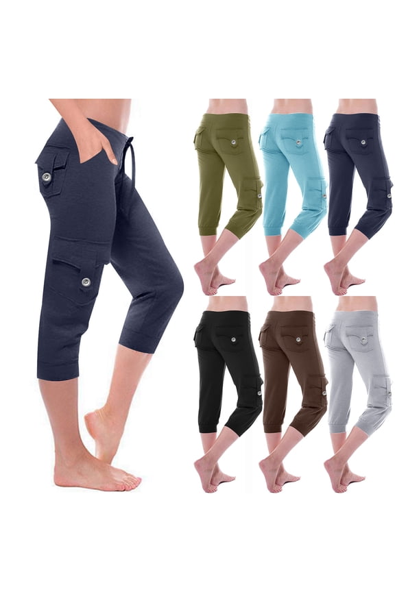 Cargo Capris for Women with Multi-Pockets Lightweight Outdoor Hiking Stretchy Capris Plus Size Drawstring Yoga Joggers Pants Black XS