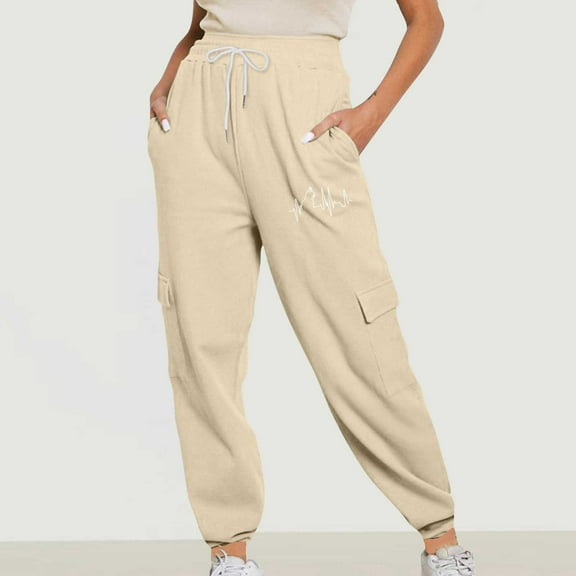 Fartey Cargo Sweatpants for Women Clearance Funny Print Drawstring Casual Jogger Pants with Pockets Fashion Fall Elastic High Waist Sweatpants Beige S