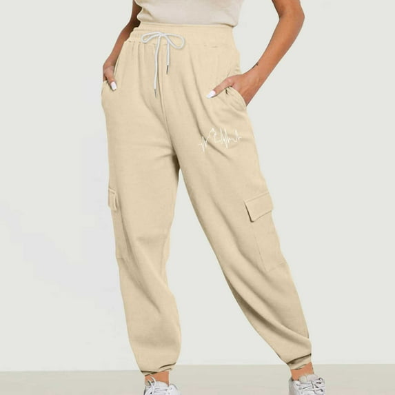 Fartey Cargo Sweatpants for Women Clearance Funny Print Drawstring Casual Jogger Pants with Pockets Fashion Fall Elastic High Waist Sweatpants Beige S