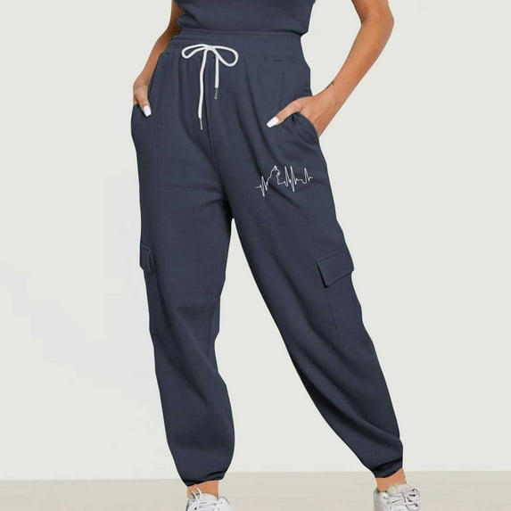 Fartey Cargo Sweatpants for Women Clearance Funny Print Drawstring Casual Jogger Pants with Pockets Fashion Fall Elastic High Waist Sweatpants Navy L