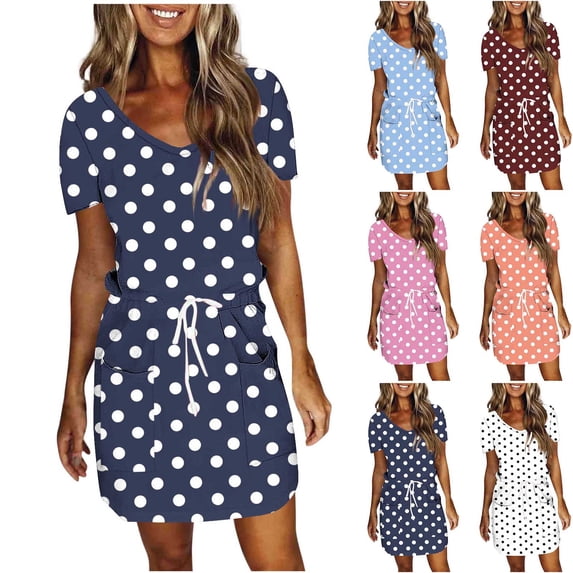 Fartey Casual Dresses for Women Polka Dot Short Sleeve V Neck Drawstring Waist Mini Dress Summer Tshirt Dress with Pockets Wine M