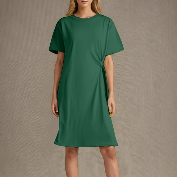 Fartey Casual Short Sleeve T Shirts Dress for Women Solid Color Crew Neck Mini Dresses Soft Comfy Side Knot Midi Dress Loose Fit Daily Dresses Green XXXL