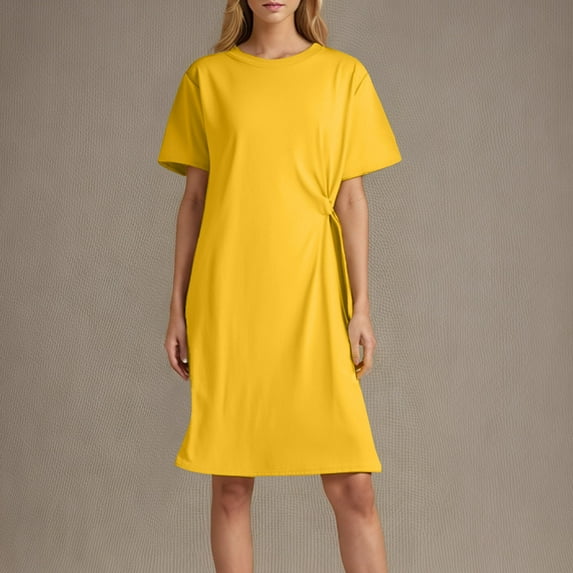 Fartey Casual Short Sleeve T Shirts Dress for Women Solid Color Crew Neck Mini Dresses Soft Comfy Side Knot Midi Dress Loose Fit Daily Dresses Yellow XL