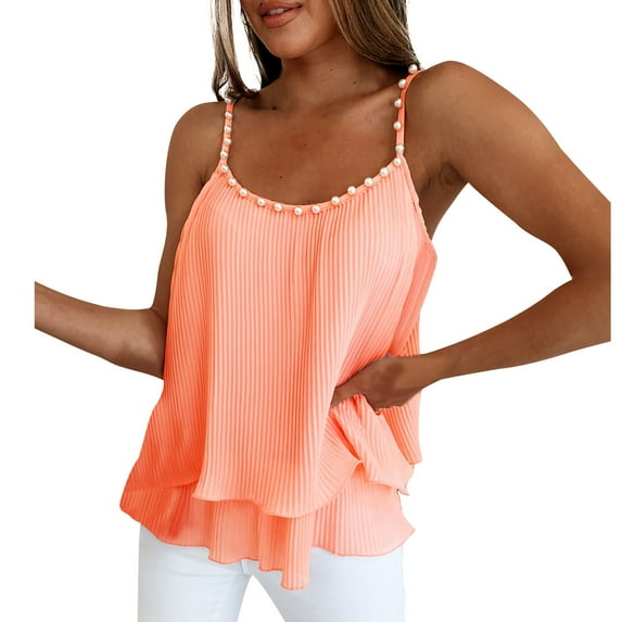 Fartey Chiffon Tank Tops for Women Trendy Pearl Spaghetti Strap Camis Top Loose Flowy Pleated Double-Layers Camisoles Fashion Summer Solid Color Tanks Pink L