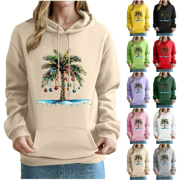 Fartey Christmas Hoodies for Women Xmas Palm Tree Graphic Sweatshirts Fall Winter Fleece Pullover Tops Loose Casual Long Sleeve Hooded Sweatshirts with Pockets Purple M