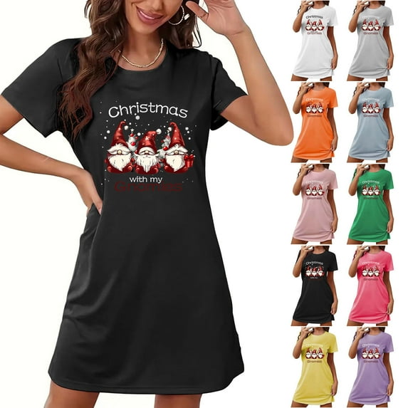 Fartey Christmas Nightgown for Women Funny Gnome Graphic Sleep Dress Soft Comfy Short Sleeve Crew Neck Sleepshirt Casual Daily Loungewear Black M