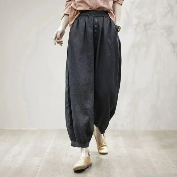 Fartey Cinch Bottom Wide Leg Pants for Women Summer Casual Solid Color Harem Pants Button Down Elastic Waist Trousers with Pockets,3XL