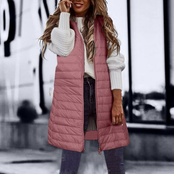 Fartey Clearance Deals Puffer Vest for Women Plus Size Sleeveless Vest Coats Y2K Mid Length Full Zip Up Solid Color Down Coat Casual Thin Windproof Coats with Pockets