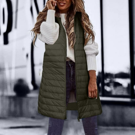 Fartey Clearance Deals Puffer Vest for Women Plus Size Sleeveless Vest Coats Y2K Mid Length Full Zip Up Solid Color Down Coat Casual Thin Windproof Coats with Pockets
