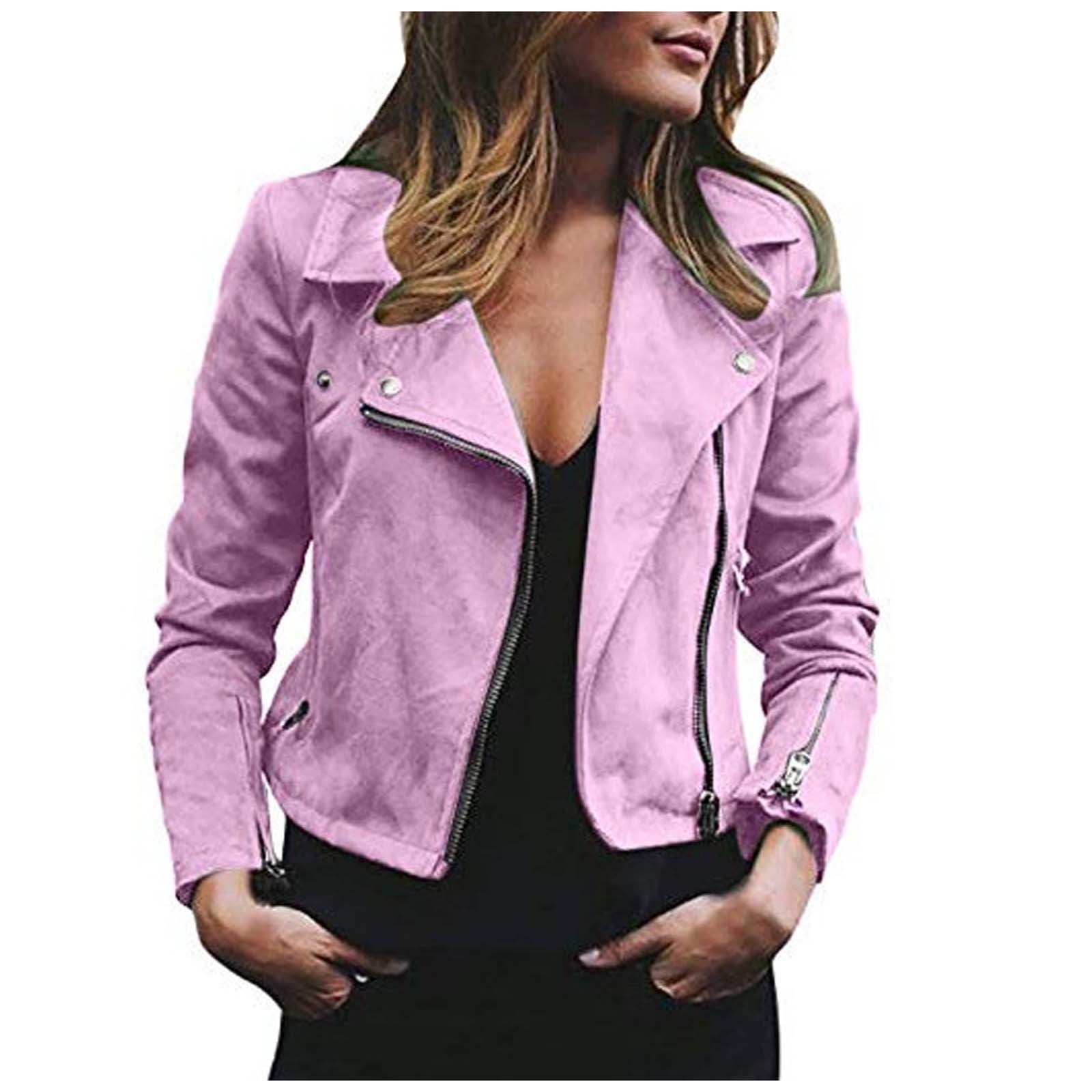 Fartey Clearance Womens Faux Leather Short Jacket Fashion Zip Up Moto Biker Slim Fit Jackets Dressy Casual Notch Lapel Solid Color Long Sleeve Coats