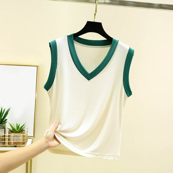 Fartey Colorblock Tank Tops for Women Elegant Ribbed V Neck Undershirts Loose Casual Summer Sleeveless Shirt Fashion Beach Vacation Tanks Green M